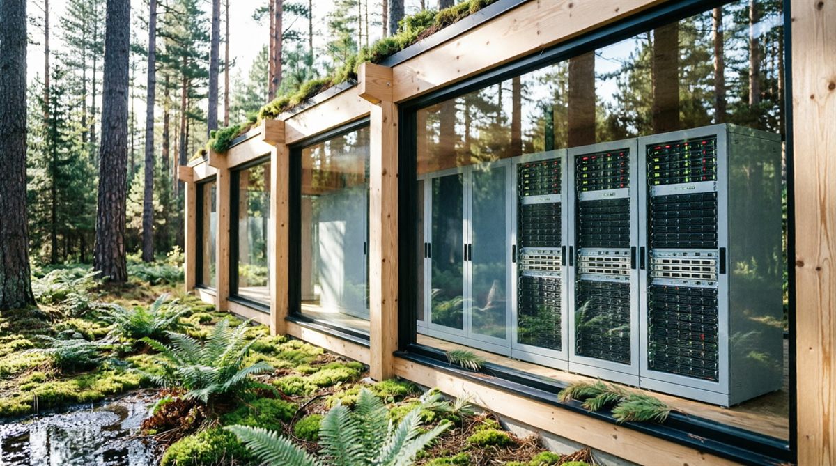Grünes Rechenzentrum in Holzbauweise mit begrüntem Dach mitten im Wald: Durch die Glasfronten sind die Server-Racks zu erkennen