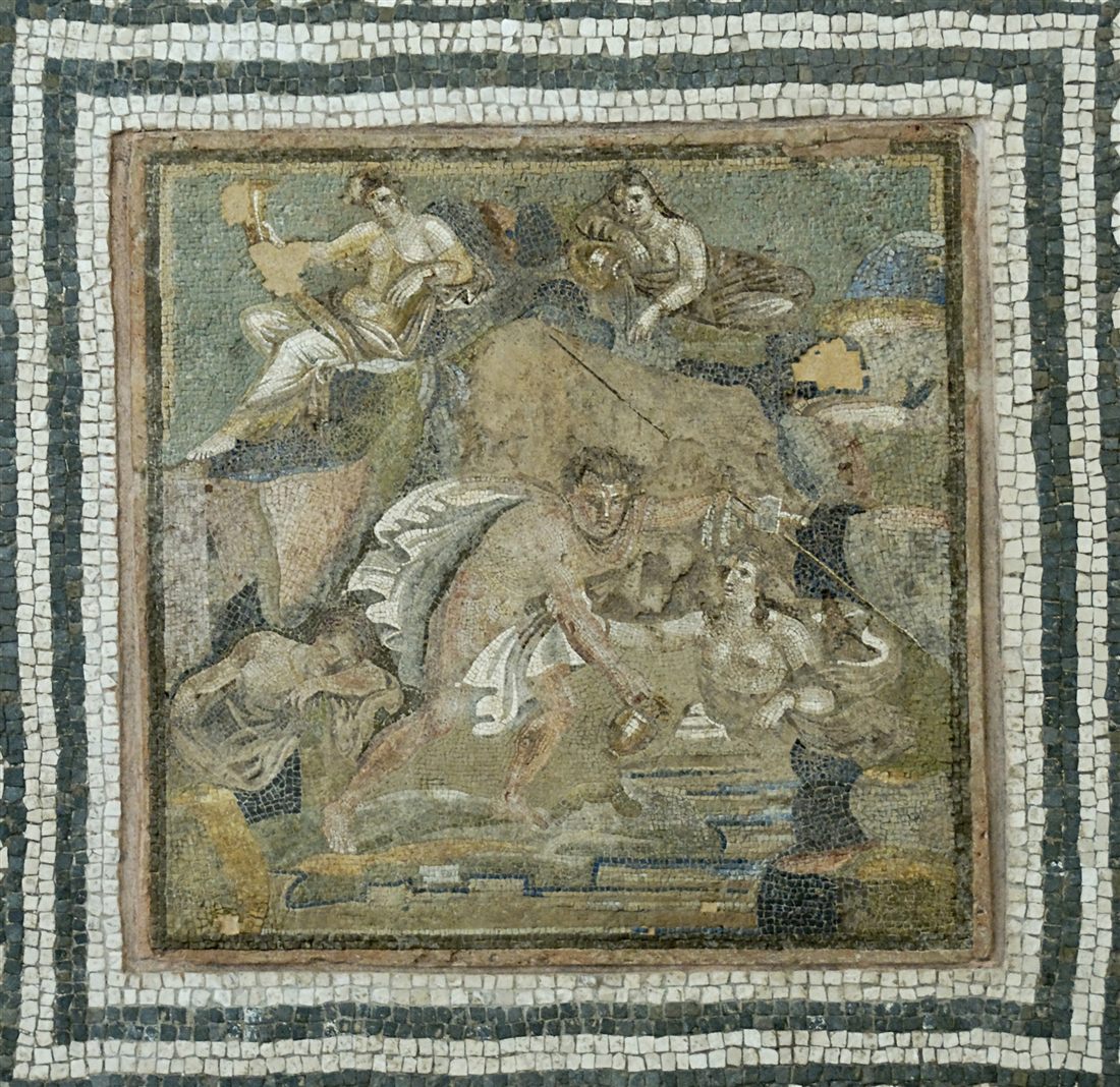 Römisches Mosaik: Die Nymphen der Quelle rauben den jungen Hylas, der hinabgestiegen ist, um Wasser zu schöpfen
